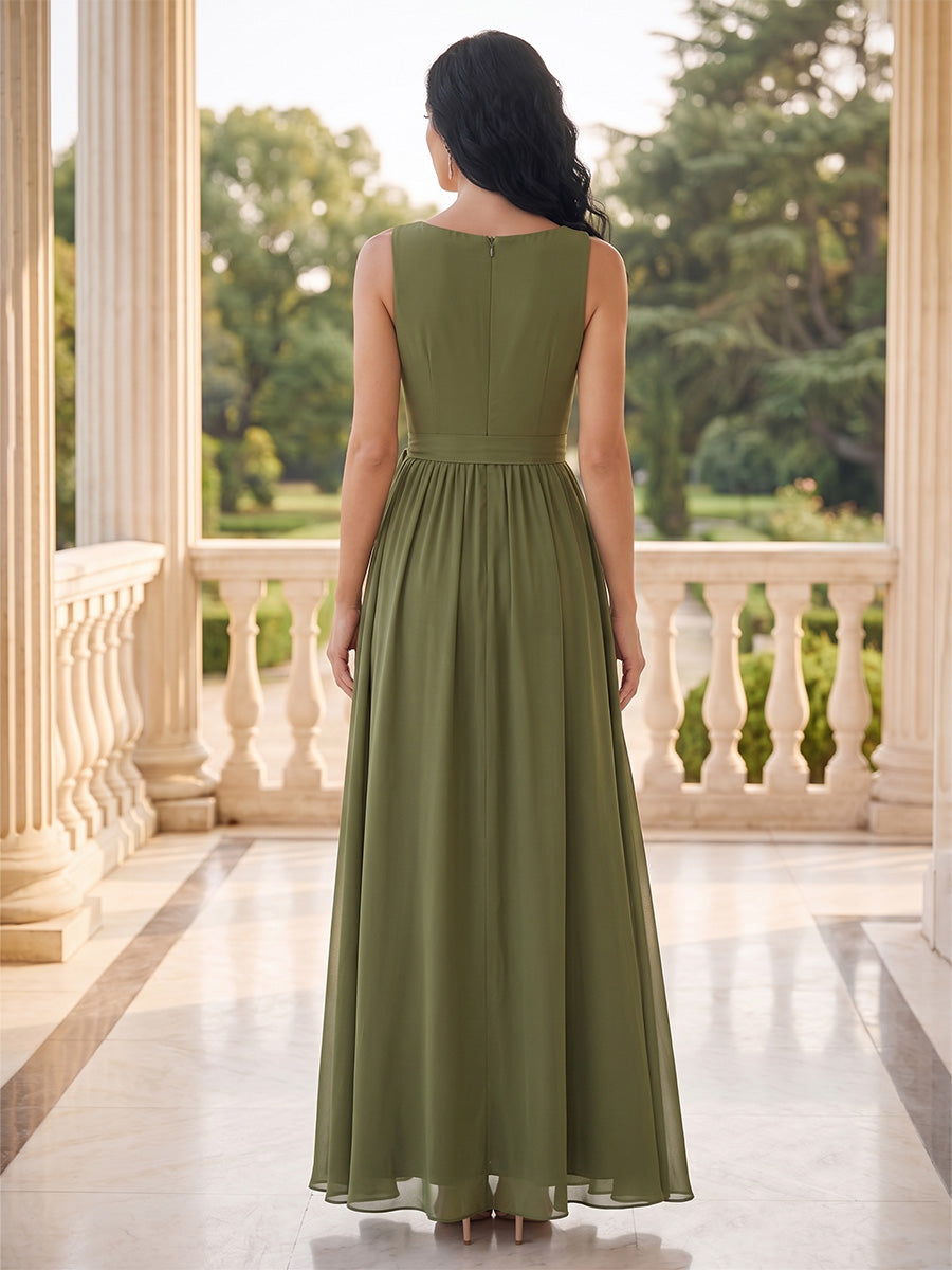 A-Line/Princess Scoop Sleeveless Floor-Length Long Mother of the Bride Dresses with Bowknot & Split Side