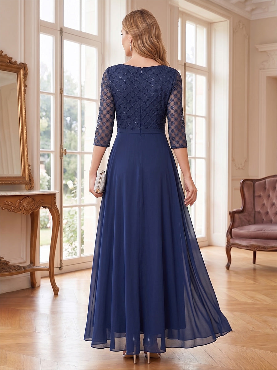 A-Line/Princess V-Neck 3/4 Sleeves Floor-Length Mother of the Bride Dresses with Lace & Applique