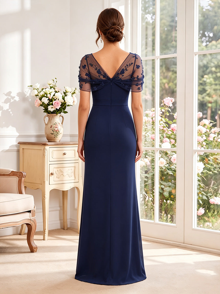 Sheath/Column Asymmetrical Cape Sleeves Floor-Length Mother of the Bride Dresses with 3D Floral & Lace