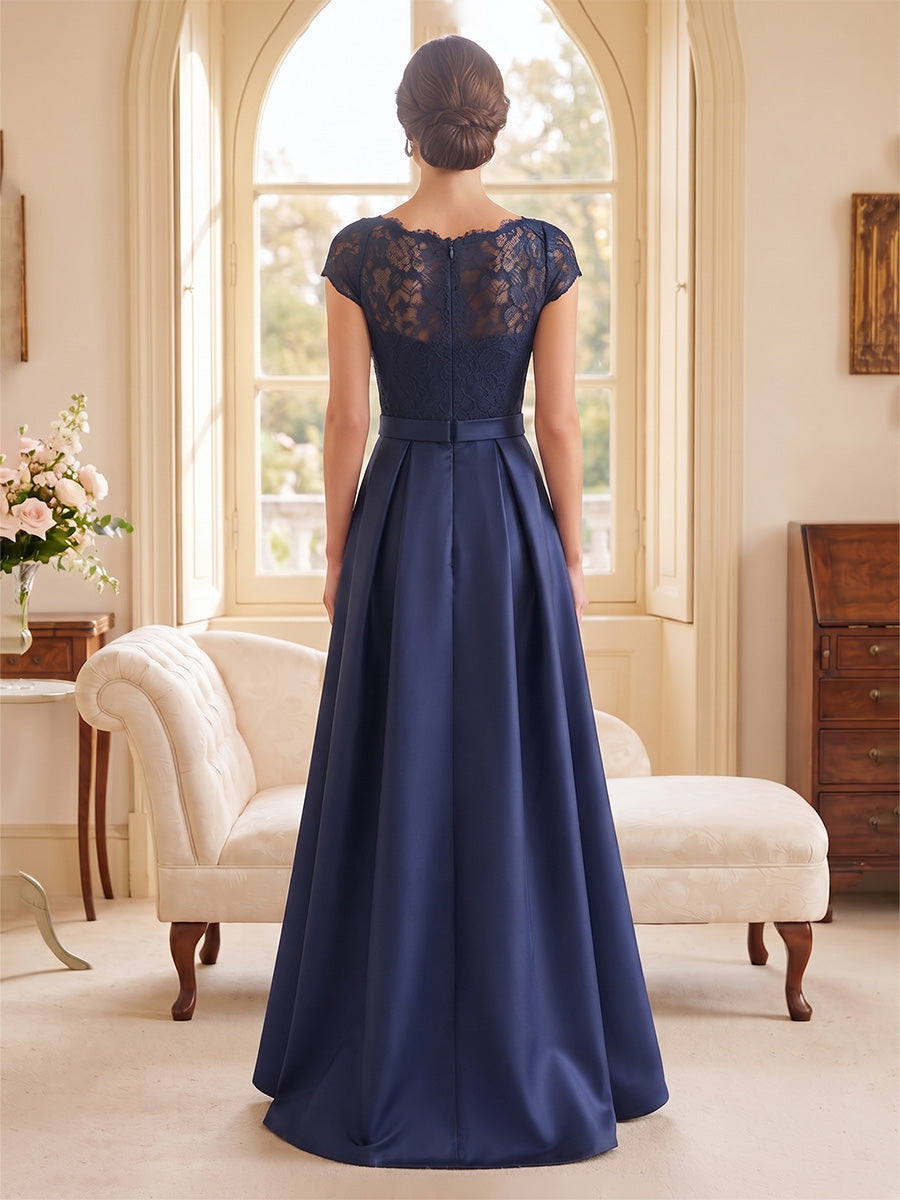 A-Line/Princess Scoop Short Sleeves Asymmetrical Mother of the Bride Dresses with Lace & Applique