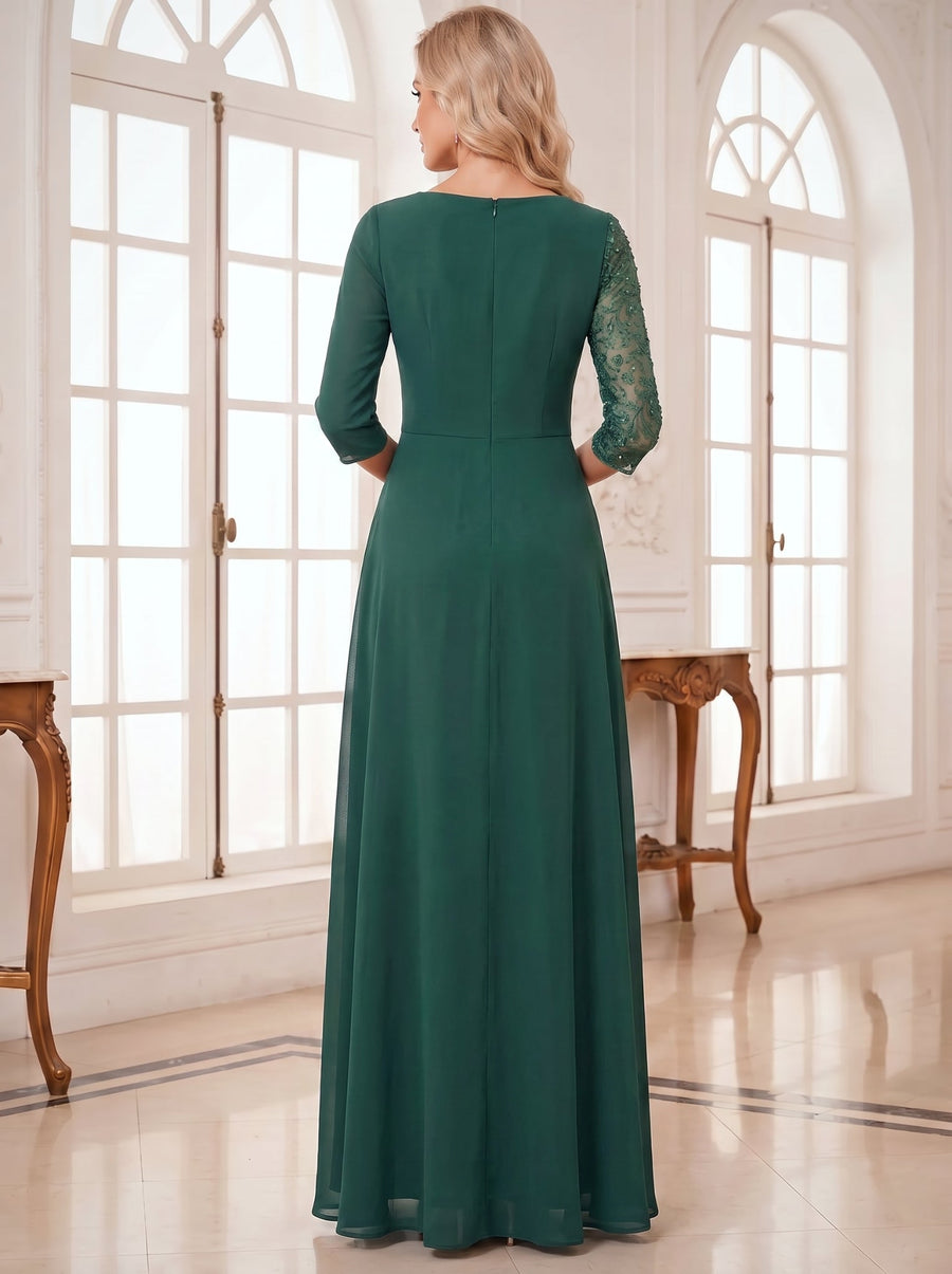 A-Line/Princess Scoop 3/4 Sleeves Floor-Length Mother of the Bride Dresses with Appliques & Beading