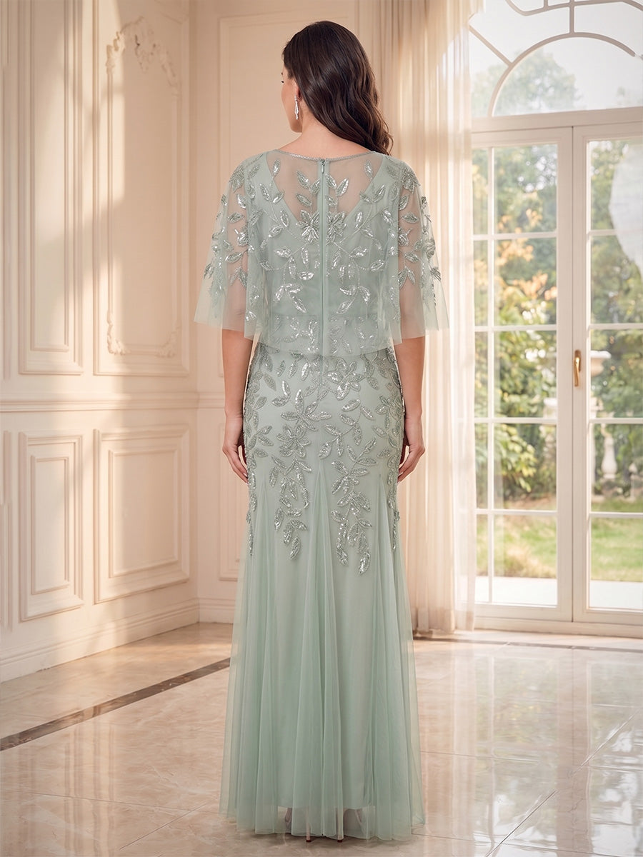 Sheath Column Scoop Half Sleeves Floor-Length Mother of the Bride Dresses with Applique & Lace