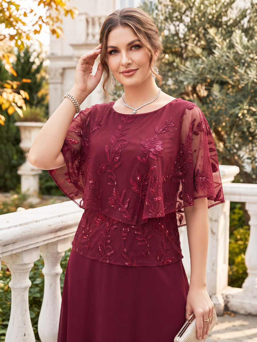 A-Line/Princess Scoop Cap Sleeves Chiffon Floor-Length Plus Size Mother of the Bride Dresses with Applique