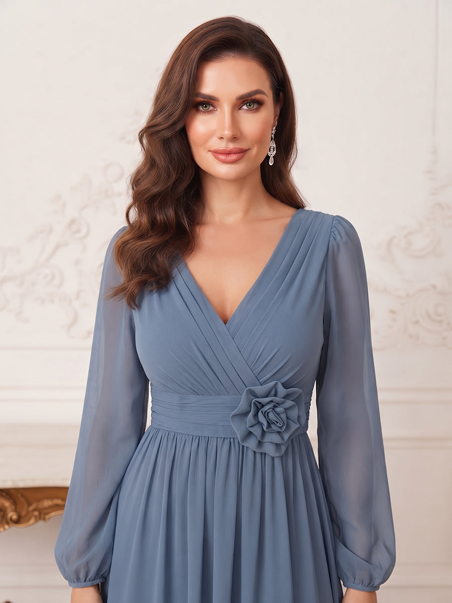 A-Line/Princess V-Neck Long-Sleeves Floor Length Mother of the Bride Dresses with Pleats & 3D Floral