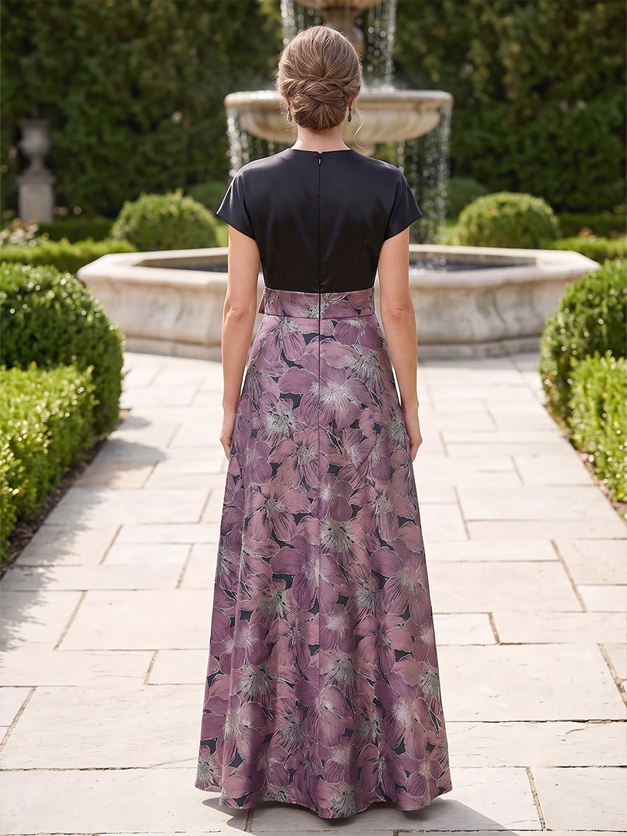 A-Line/Princess V-Neck Short Sleeves Satin Floor-Length Mother of the Bride Dresses with Floral Printed