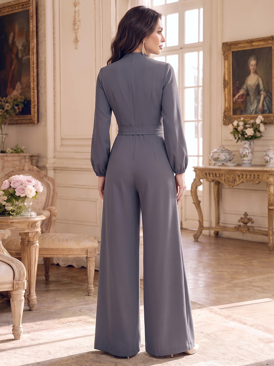 Jumpsuits V-Neck Long Sleeves Stretch Satin Floor-Length Mother of the Bride Dresses with Belt