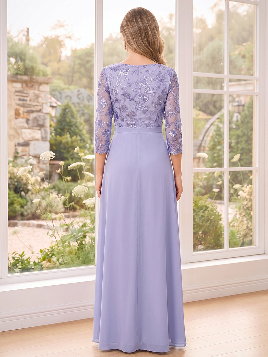 Jumpsuits Scoop 3/4 Sleeves Chiffon Floor-Length Mother of the Bride Dresses with Applique & Split Side