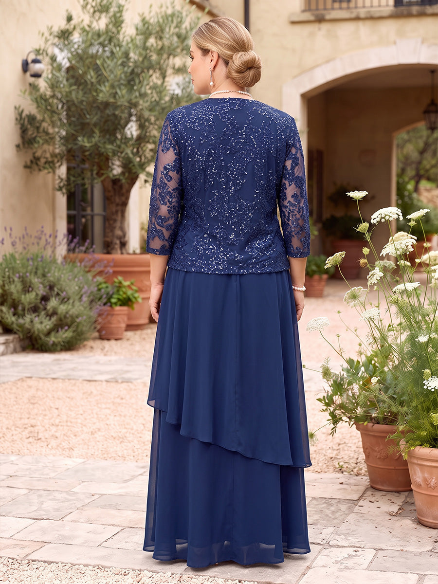 A-Line/Princess Scoop 3/4 Sleeves Chiffon Floor-Length Plus Size Mother of the Bride Dresses with Sequins & Tiered