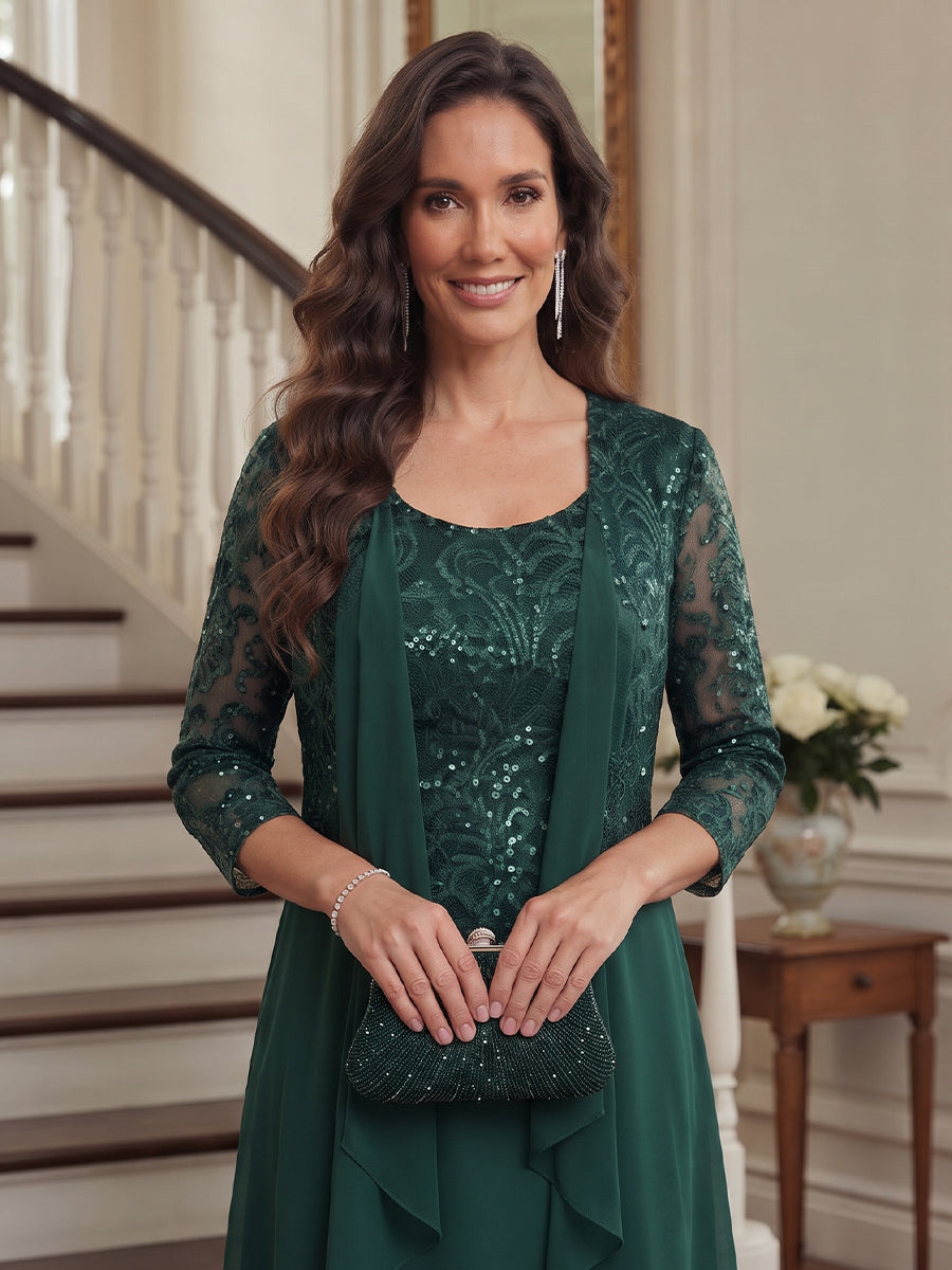 A-Line/Princess Scoop 3/4 Sleeves Chiffon Floor-Length Mother of the Bride Dresses with Applique & Jacket