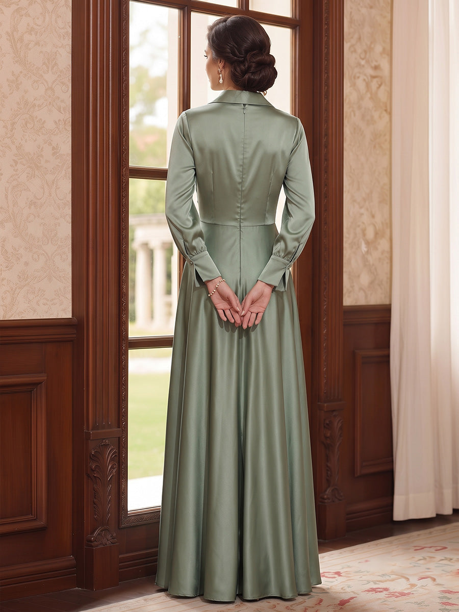 A-Line/Princess V-Neck Long Sleeves Satin Floor-Length Mother of the Bride Dresses