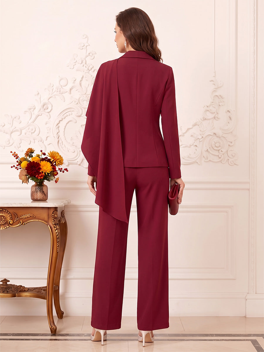 Jumpsuits V-Neck Long Sleeves Stretch Satin Ankle-Length Mother of the Bride Dresses with Cape