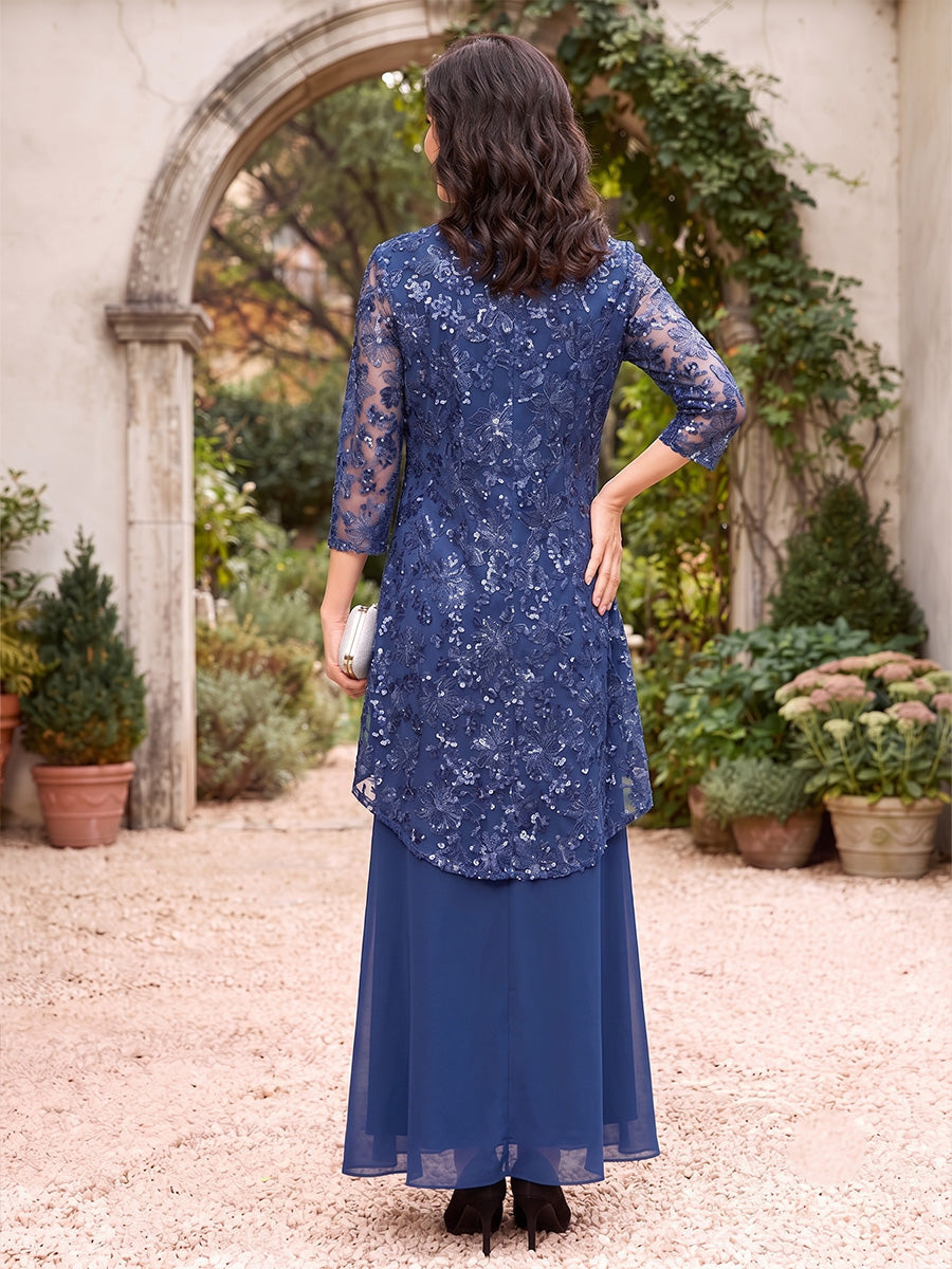 Sheath/Column Scoop 3/4 Sleeves Chiffon Floor-Length Mother of the Bride Dresses with Jacket & Applique