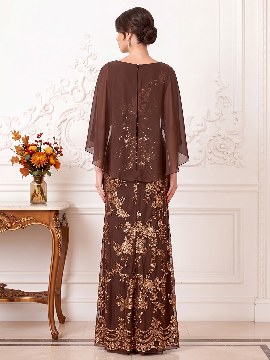 Sheath/Column Scoop 3/4 Sleeves Chiffon Floor-Length Mother of the Bride Dresses with Cape