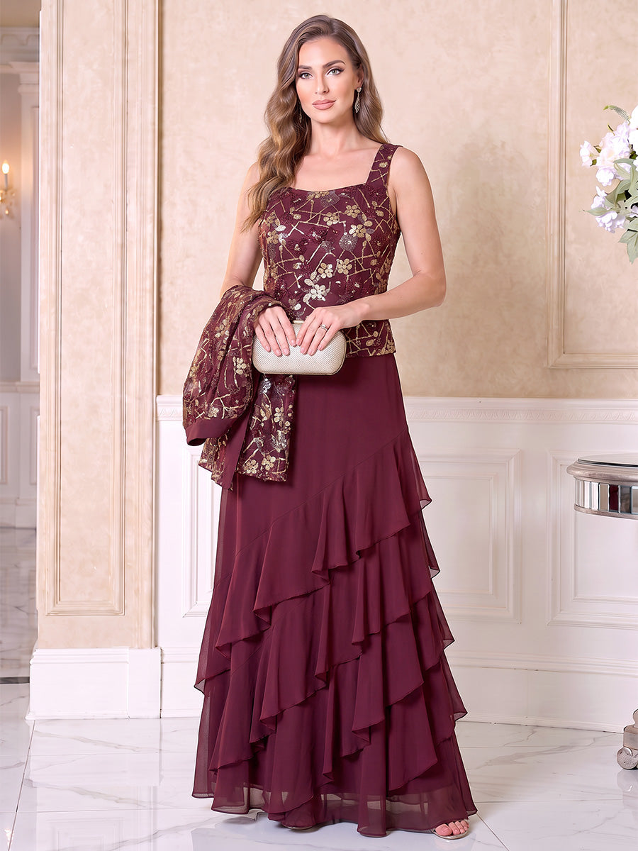 A-Line/Princess Scoop 3/4 Sleeves Chiffon Floor-Length Mother of the Bride Dresses with Appliques & Tiered