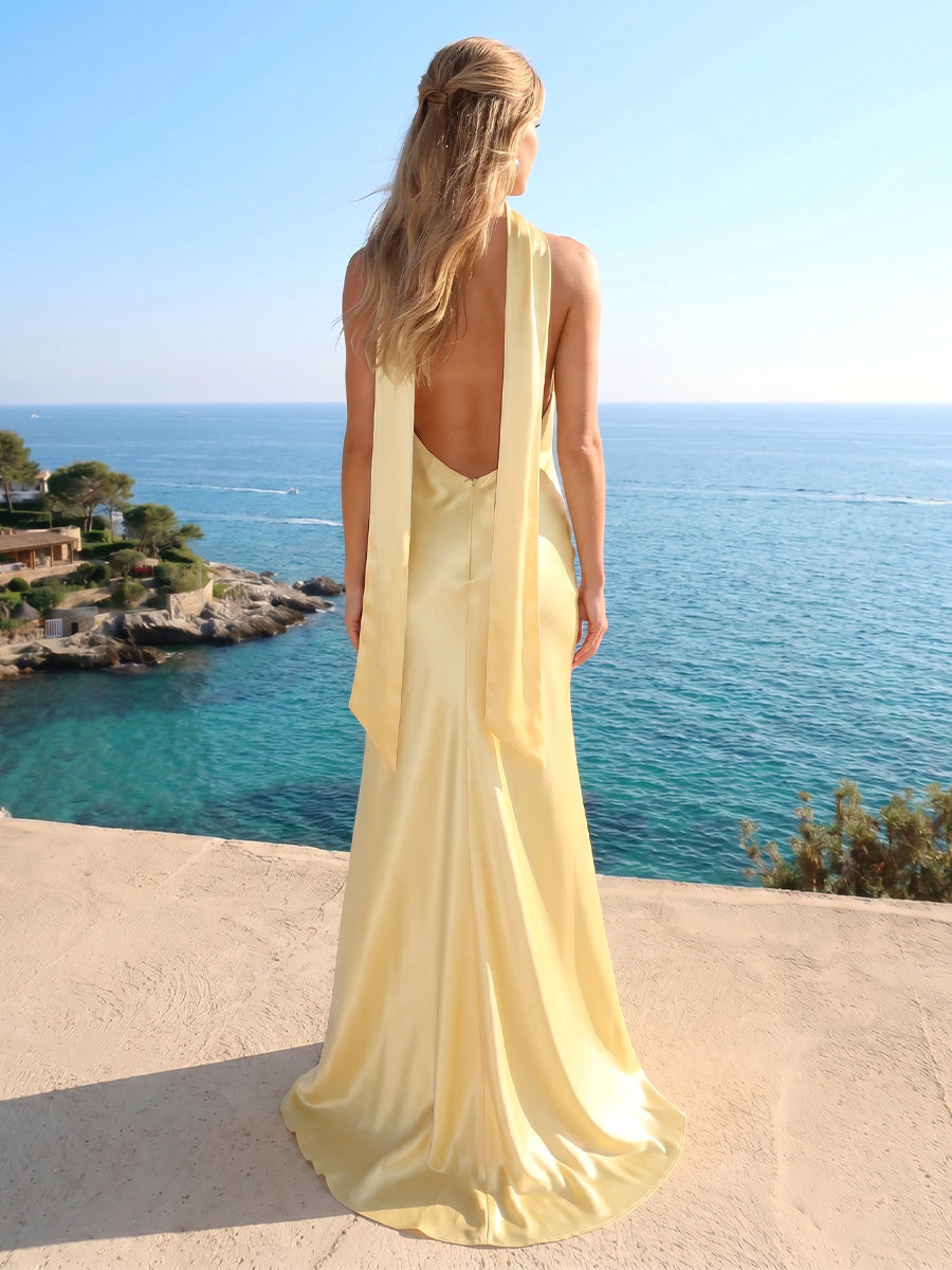 Sheath/Column Halter Sleeveless Floor-Length Bridesmaid Dresses with Ruched & Scarf