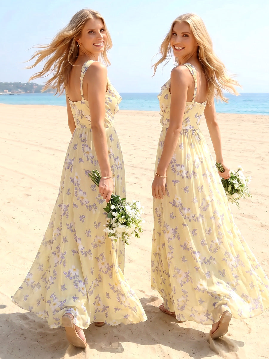 A-Line/Princess V-Neck Sleeveless Floor-Length Bridesmaid Dresses With Ruffles & Ruched