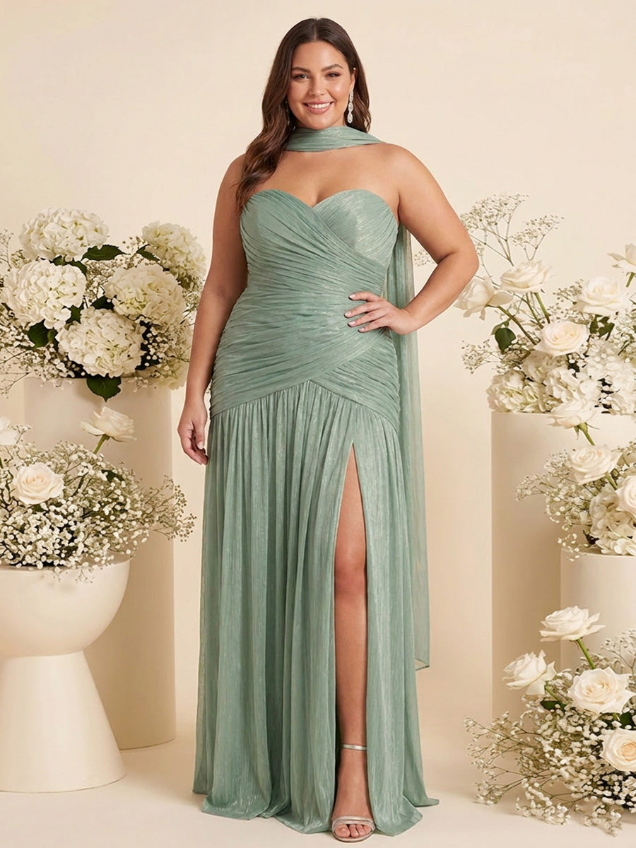 A-Line/Princess Strapless Sleeveless Floor-Length Plus Size Bridesmaid Dresses with Split Side & Pleats & Scarf