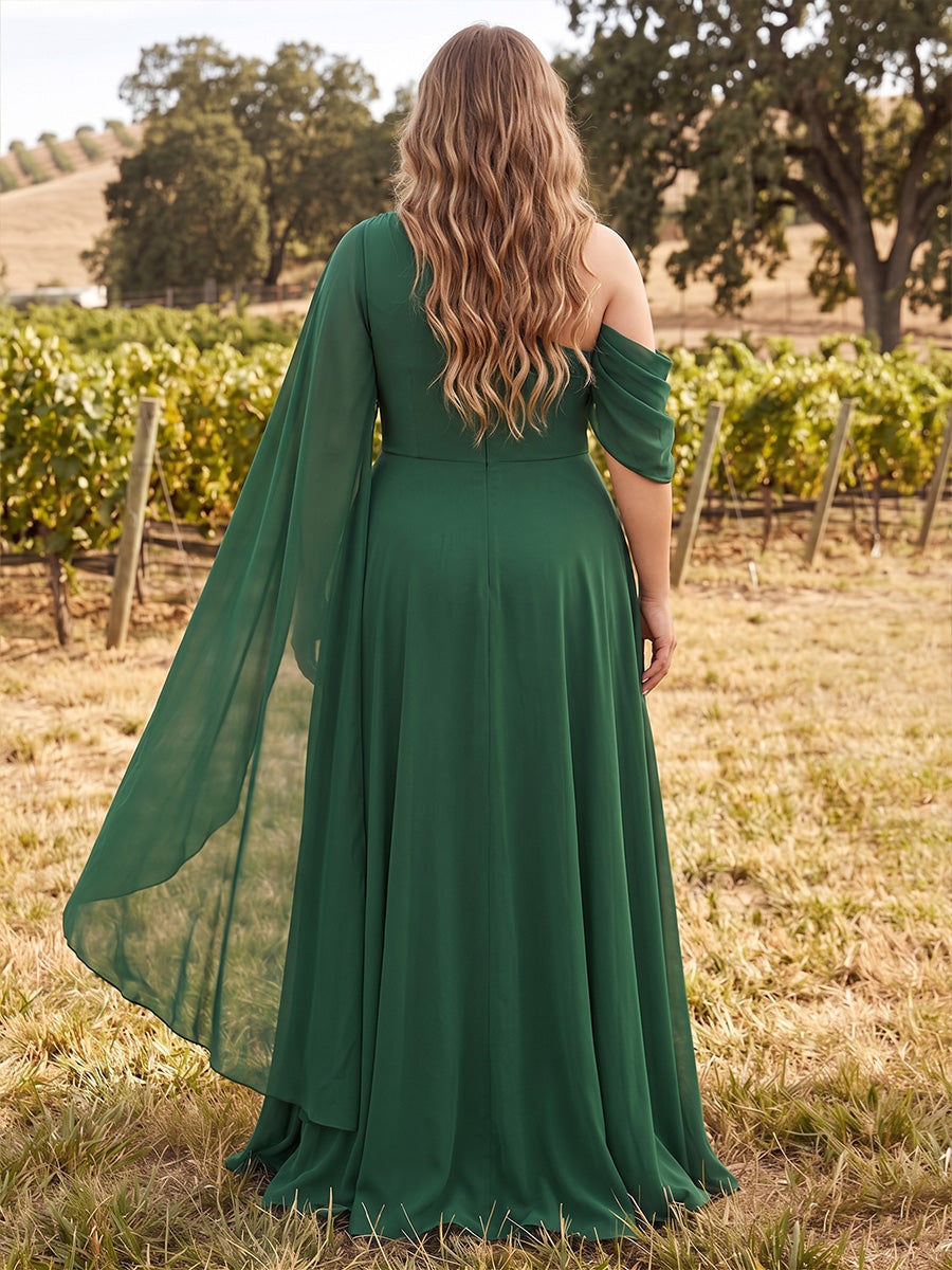 A-Line/Princess One-Shoulder Sleeveless Chiffon Floor-Length Plus Size Bridesmaid Dresses with Shawl