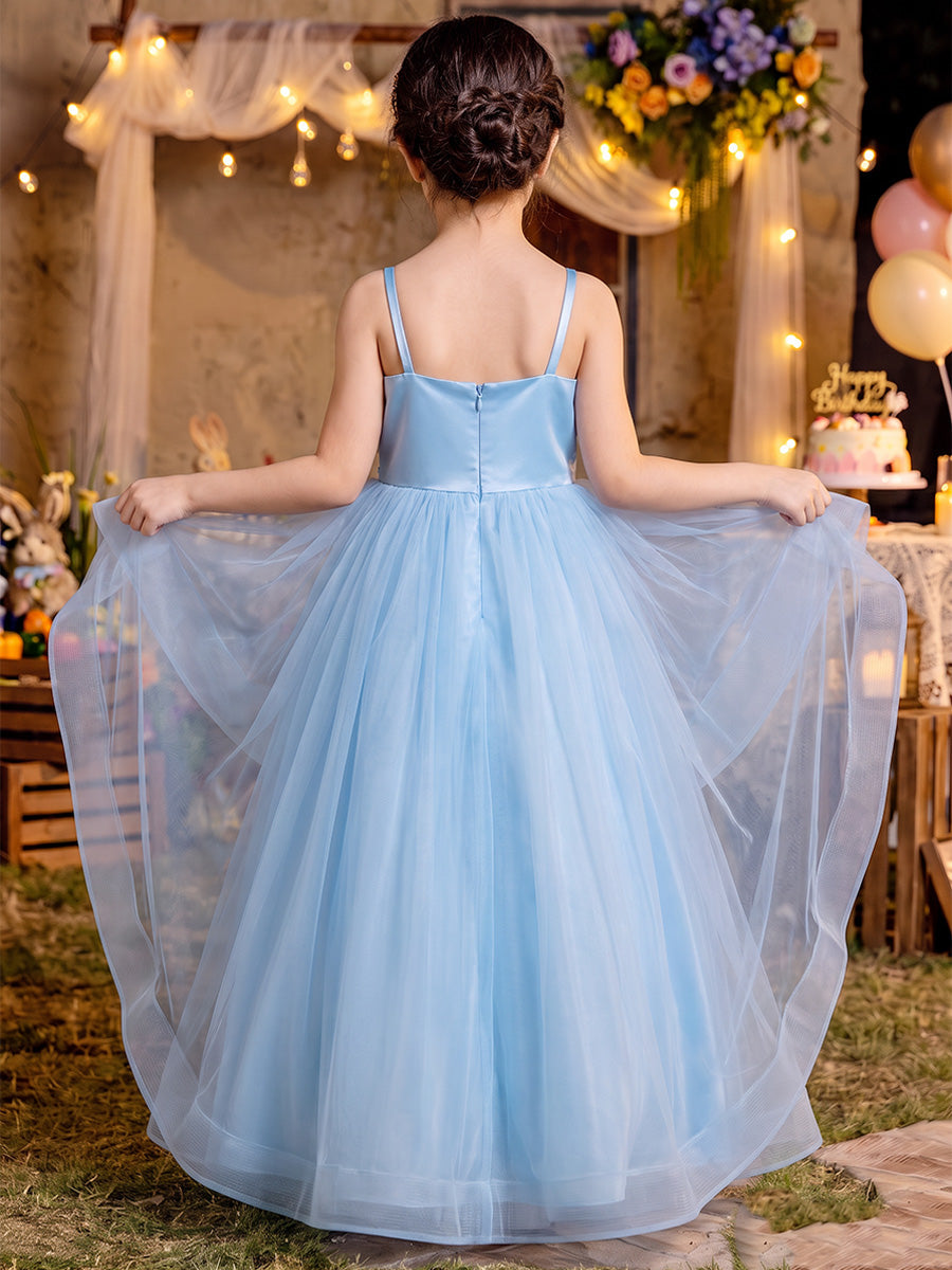 A-Line/Princess Spaghetti Straps Sleeveless Tulle Floor-Length Flower Girl Dresses with 3D Flower & Ruffles