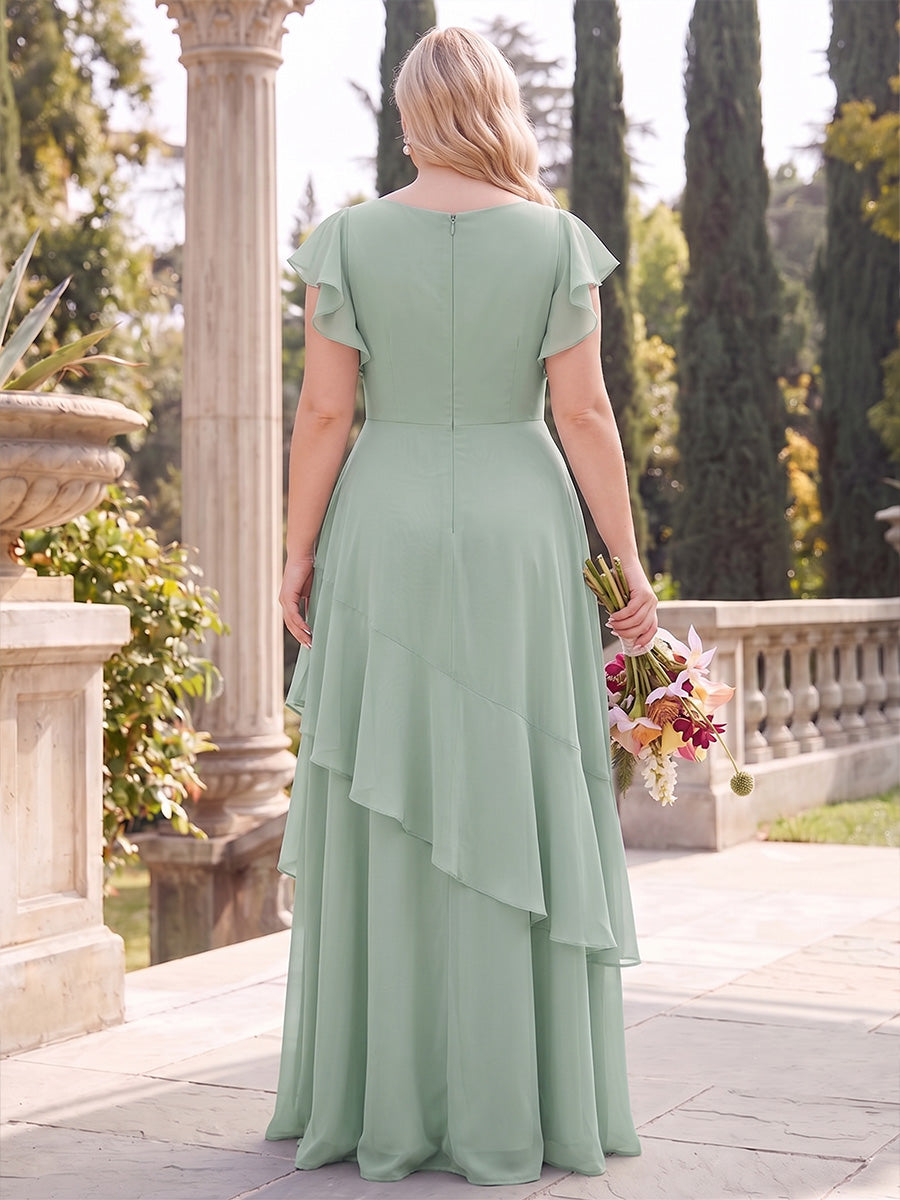A-Line/Princess V-Neck Short Sleeves Chiffon Floor-Length Plus Size Bridesmaid Dresses with Ruffles&Tiered