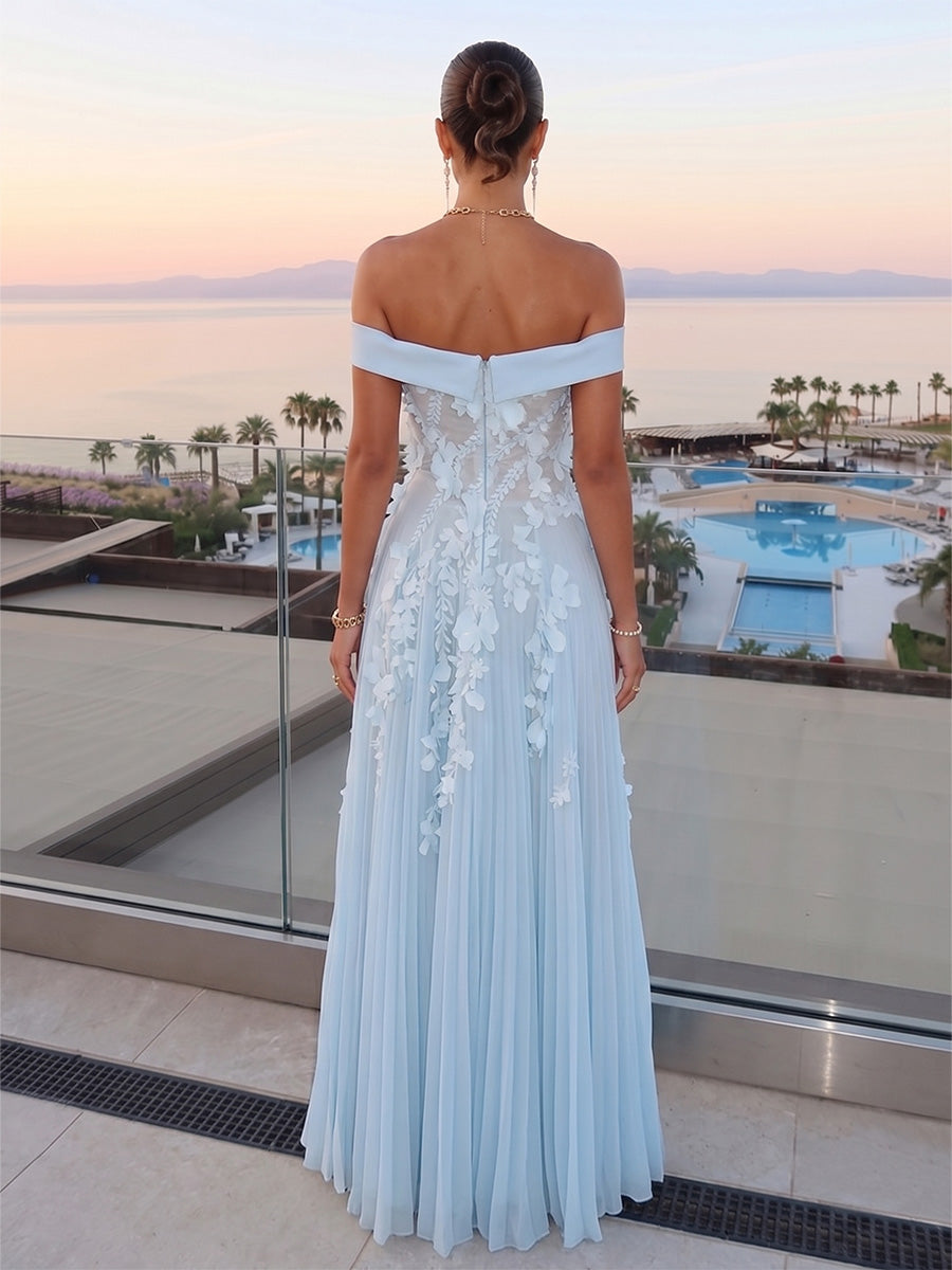 A-Line/Princess Off-The-Shoulder Sleeveless Floor-Length Evening Dresses with 3D Floral & Pleated