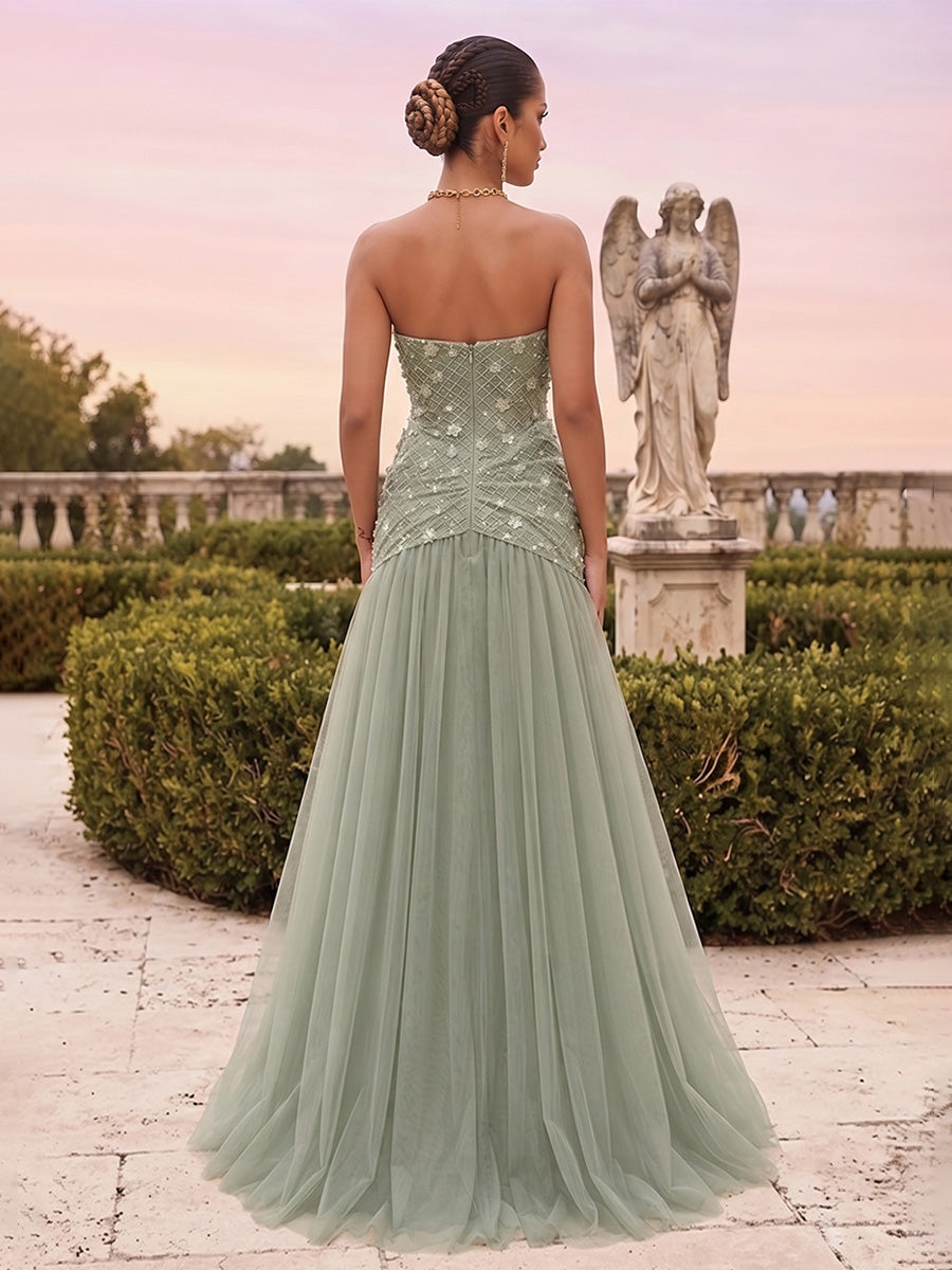 Trumpet/Mermaid Strapless Sleeveless Floor-Length Evening Dresses with Applique & Lace