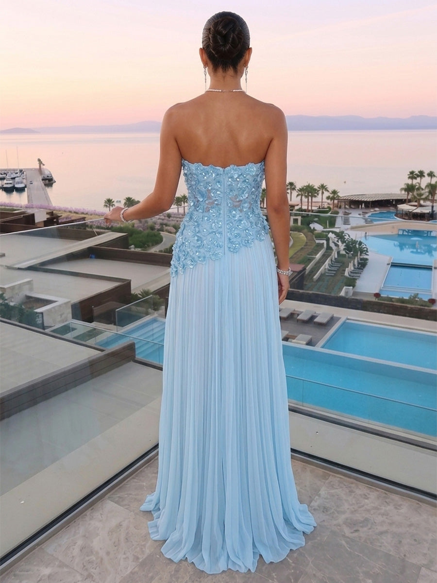 Trumpet/Mermaid Strapless Sleeveless Floor-Length Evening Dresses with Pleats & Split Side