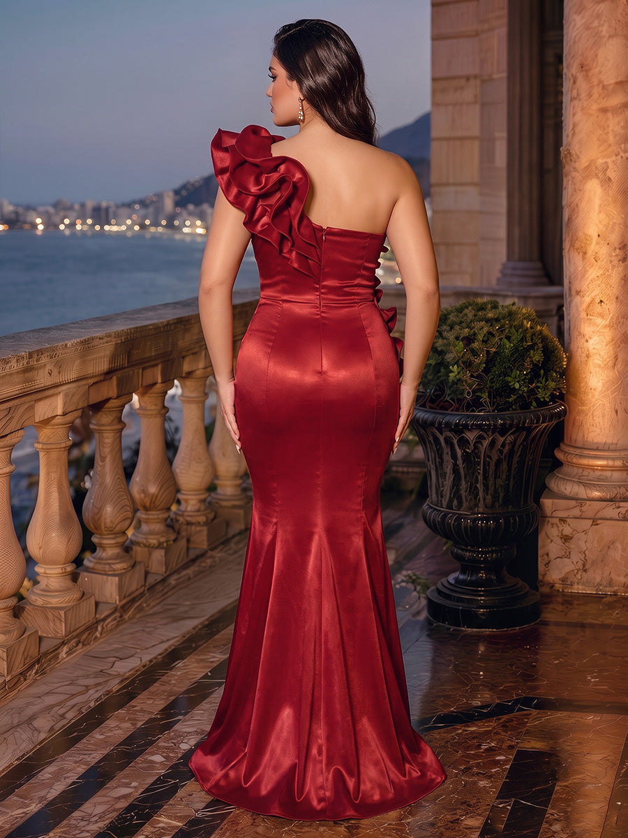 Trumpet/Mermaid One-Shoulder Sleeveless Satin Floor-Length Plus Size Evening Dresses with 3D Flower