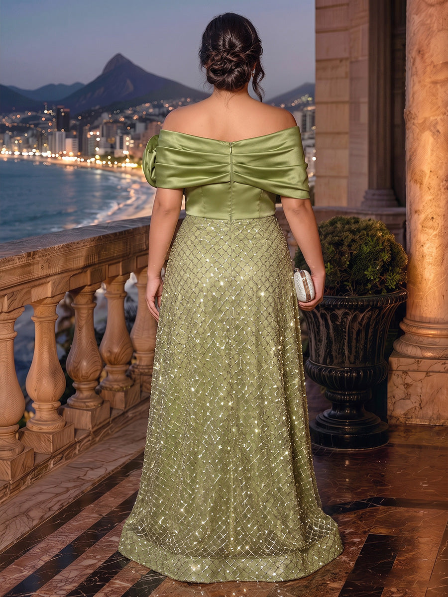 A-Line/Princess Off-the-Shoulder Sleeveless Satin Floor-Length Plus Size Evening Dresses with Sequins & Watteau Train