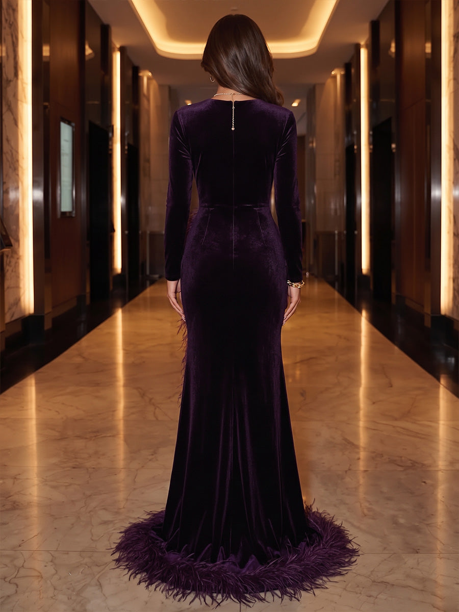 Sheath/Column Scoop Long Sleeves Velvet Sweep Train/Brush Train Evening Dresses with Feather & Split Side