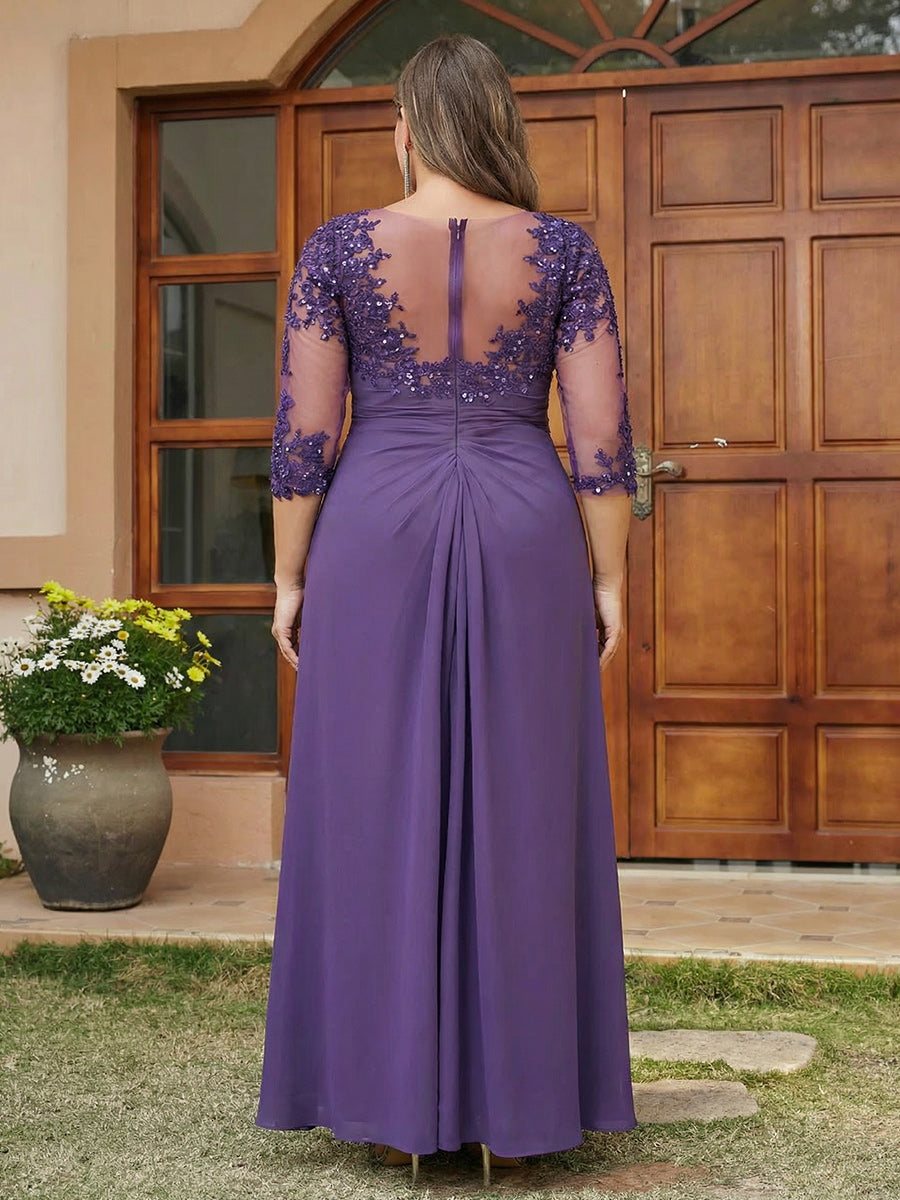 A-Line/Princess Long Plus Size Evening Dresses with Lace Appliques & Half Sleeves