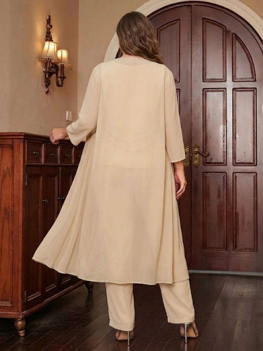 Chiffon Scoop 3/4 Sleeves 3 Pieces Plus Size Pantsuits with Sequins & Jacket