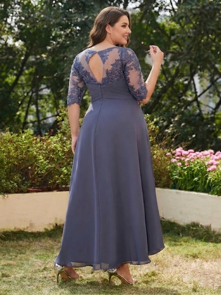 A-Line/Princess Sheer Neck Half Sleeves Long Plus Size Evening Dresses with Appliques