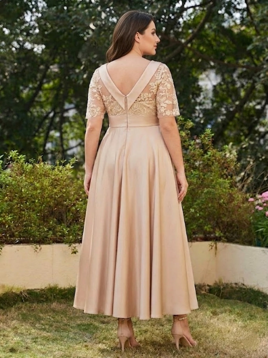 A-Line/Princess Scoop Half Sleeves Ankle-Length Long Plus Size Evening Dresses with Appliques