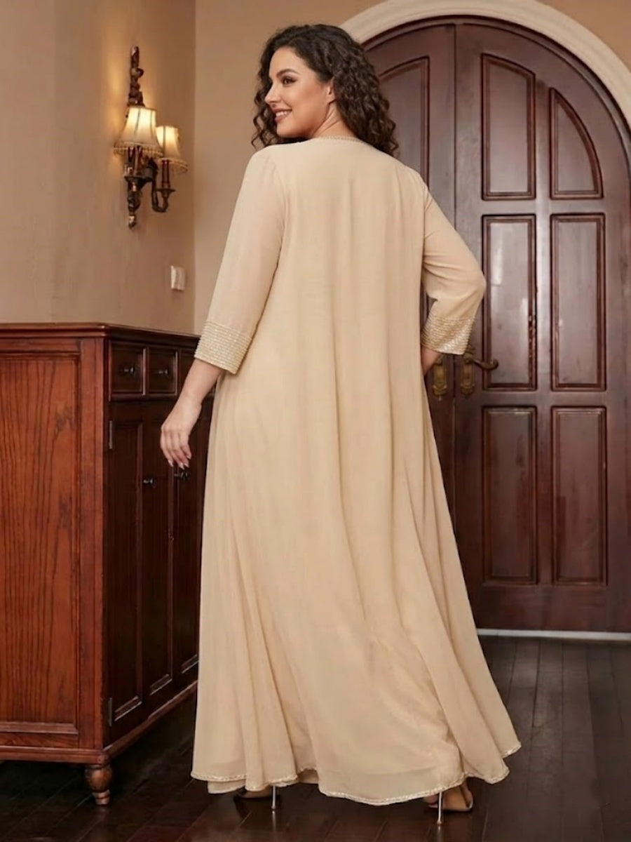 Chiffon Scoop 3/4 Sleeves 3 Pieces Plus Size Pantsuits with Sequins & Jacket