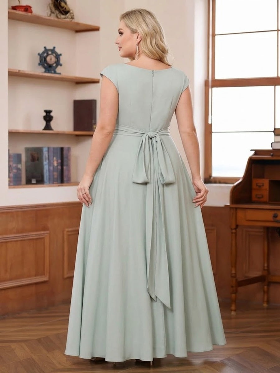 A-Line/Princess Scoop Cap Sleeves Ruched Plus Size Mother of the Bride Dresses with Pockets
