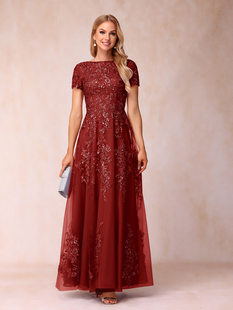 A-Line/Princess Sheer Neck Short Sleeves Long Formal Evening Dresses with Appliques & Sequins