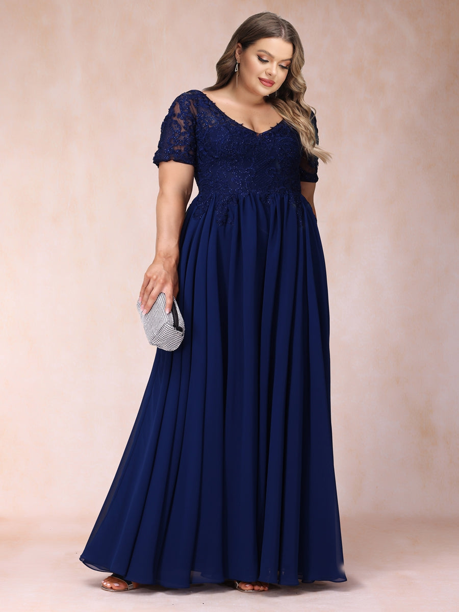 A-Line/Princess V-Neck Short Sleeves Long Formal Plus Size Evening Dre –  Lavetir UK