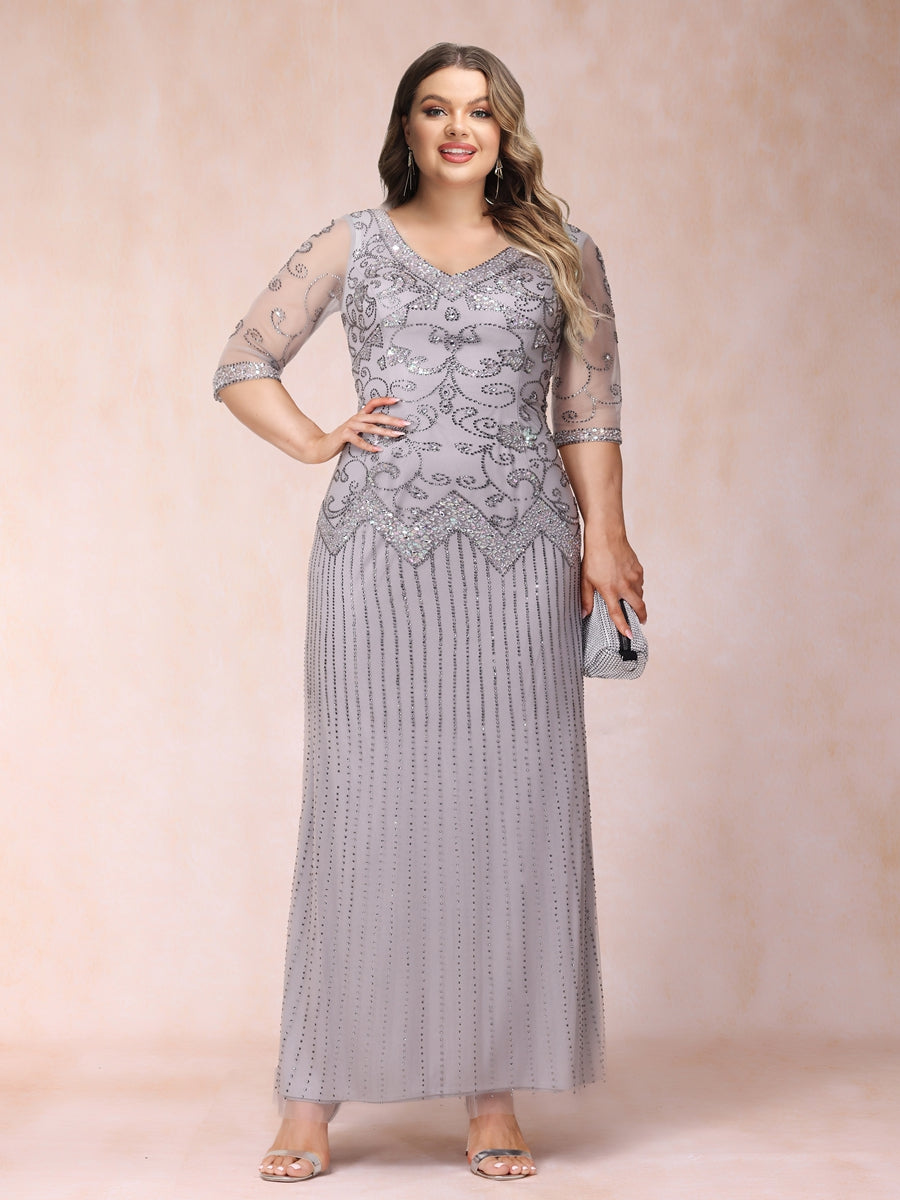 Sheath/Column V-Neck 3/4 Sleeves Long Formal Plus Size Evening Dresses   Lavetir UK