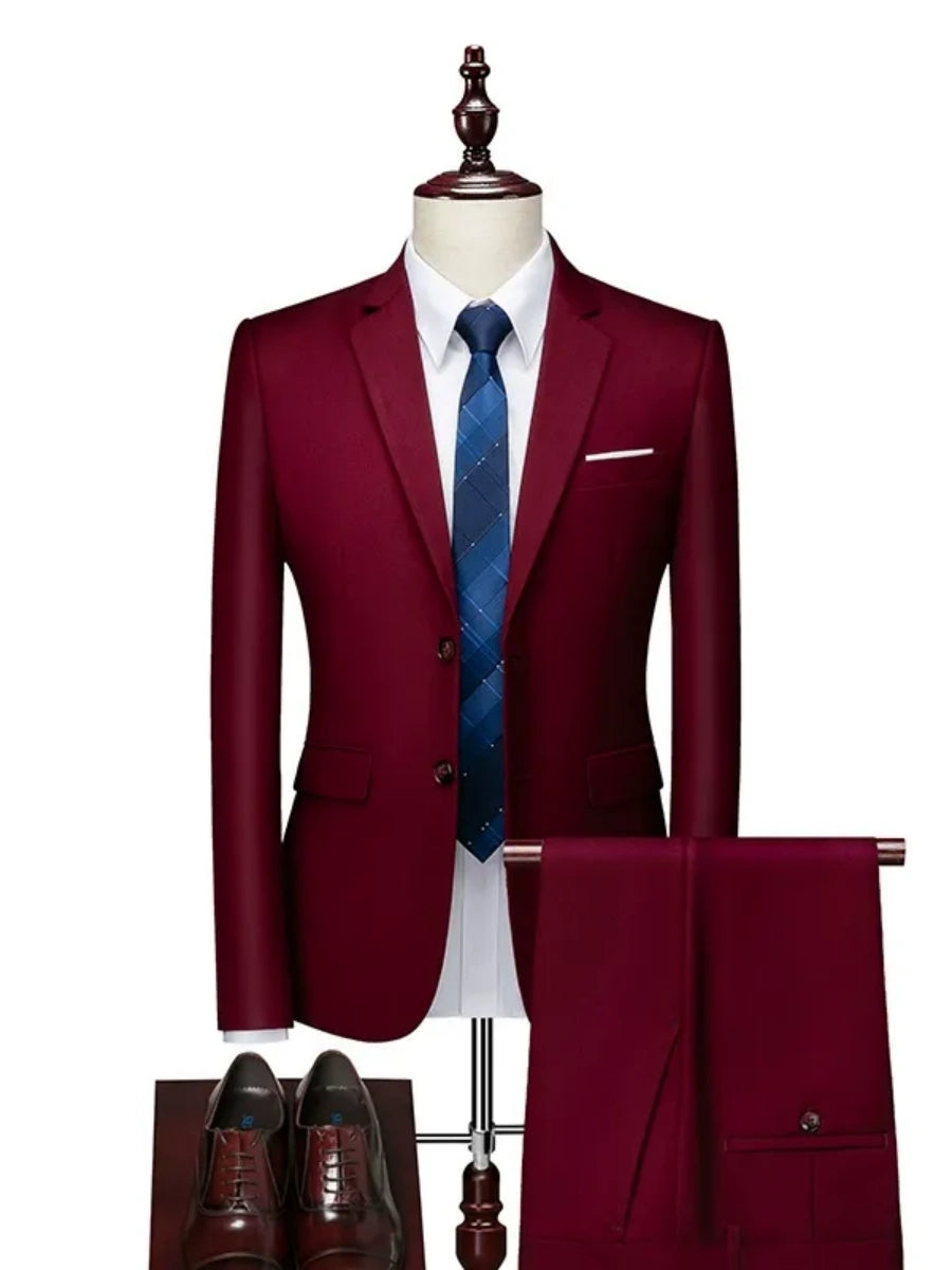 Tailored Fit Single Breasted Two-button 2 Pieces Solid Coloured Men's Casual Suits