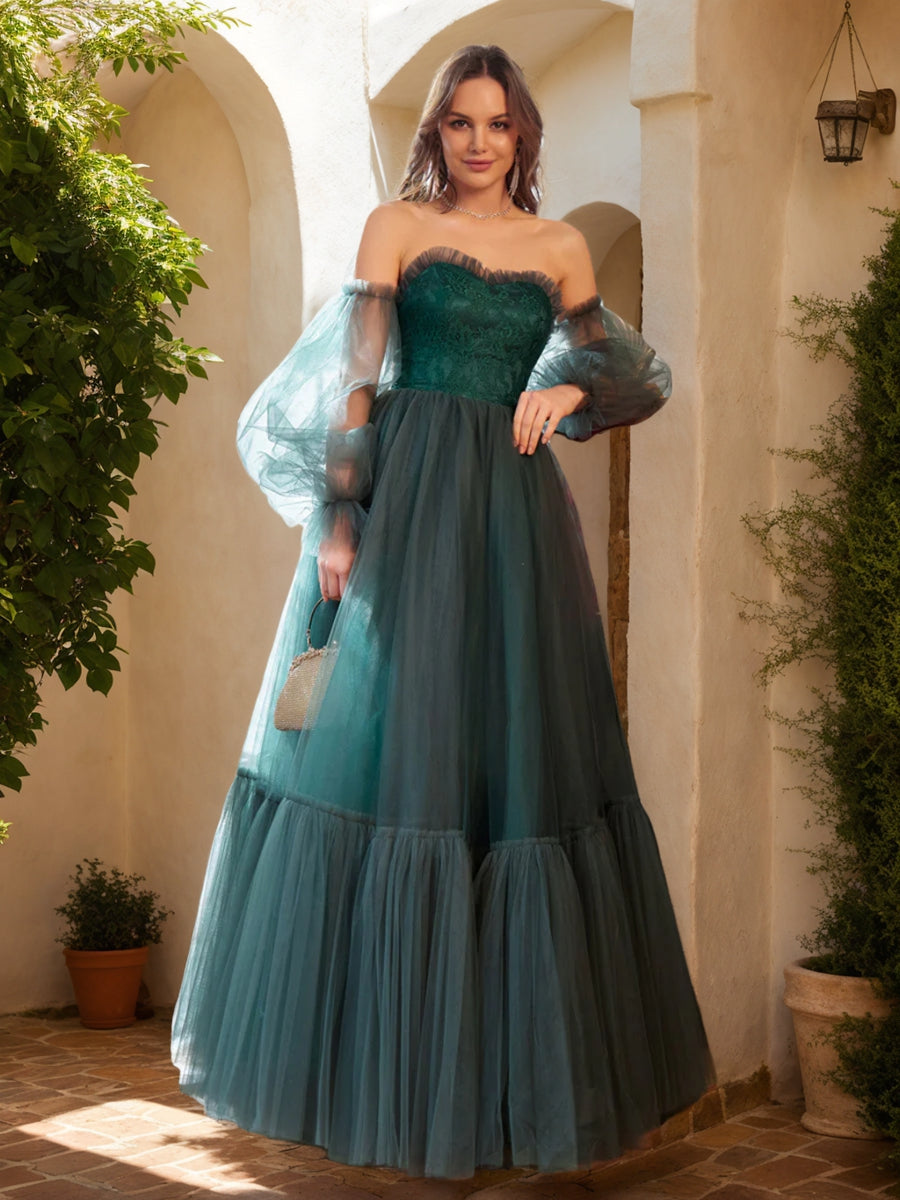 A-Line/Princess Tulle Sweetheart Long Prom Dresses with Belt