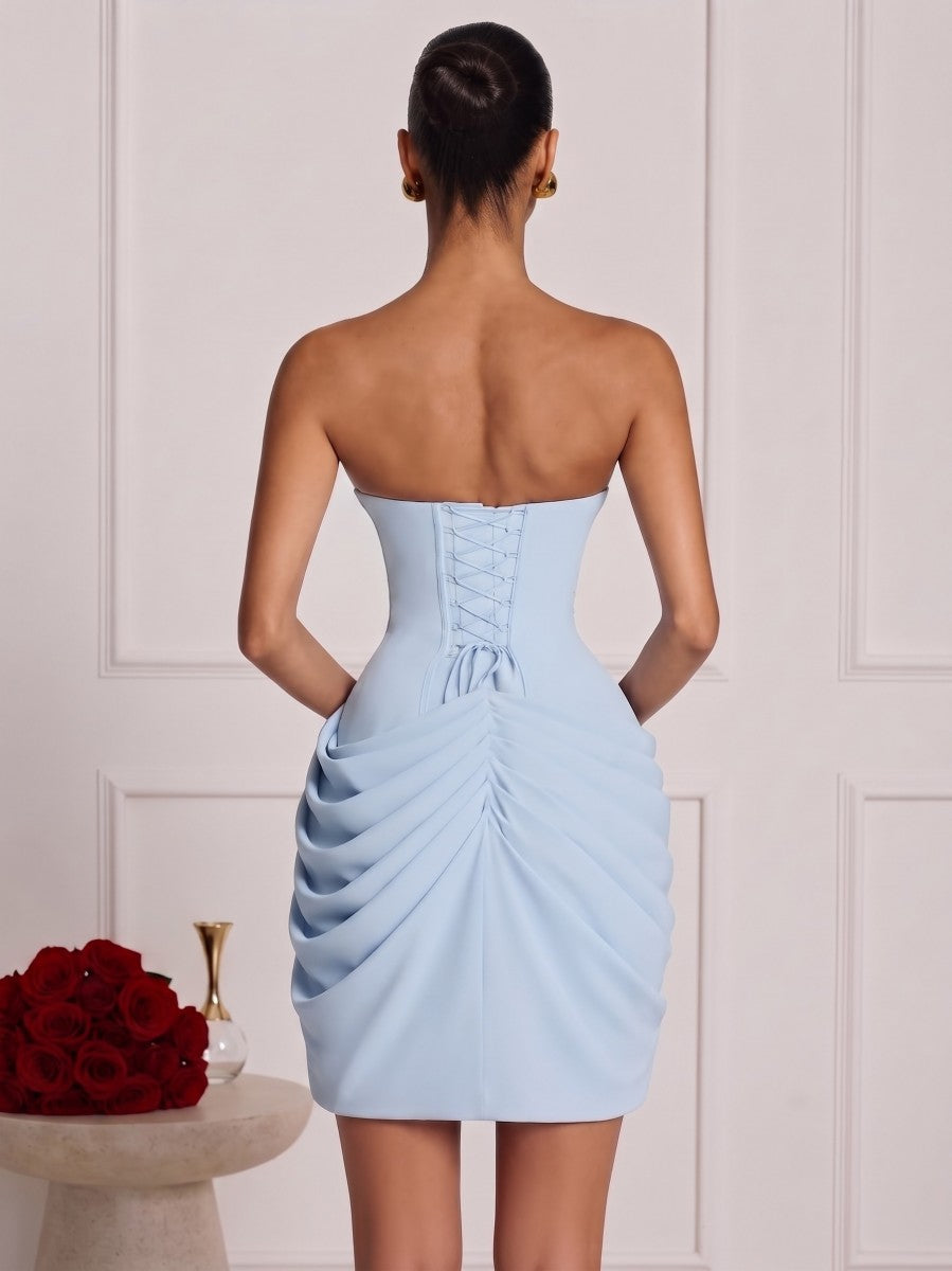 Sheath/Column Strapless Sleeveless Satin Mini Semi Formal Dresses with Pleats&Corset
