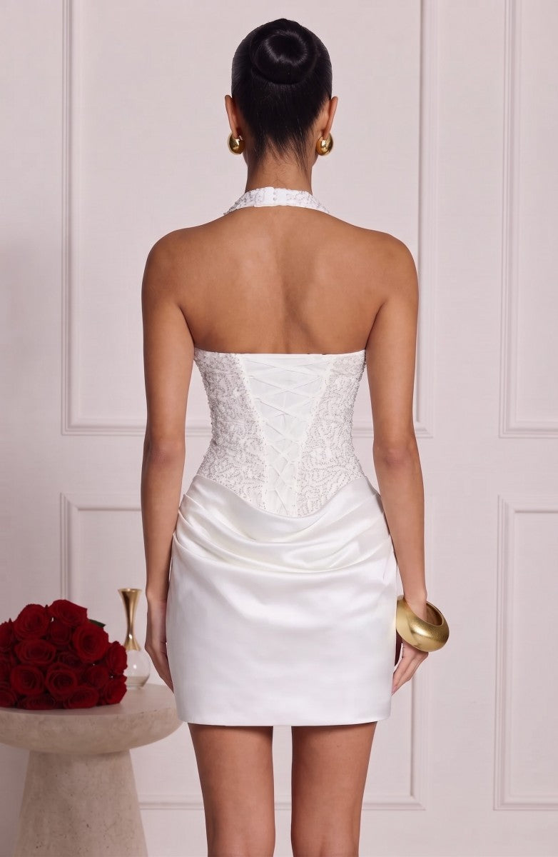 Sheath/Column V-Neck Sleeveless Silk Satin Mini Semi Formal Dresses with Ruched&Corset