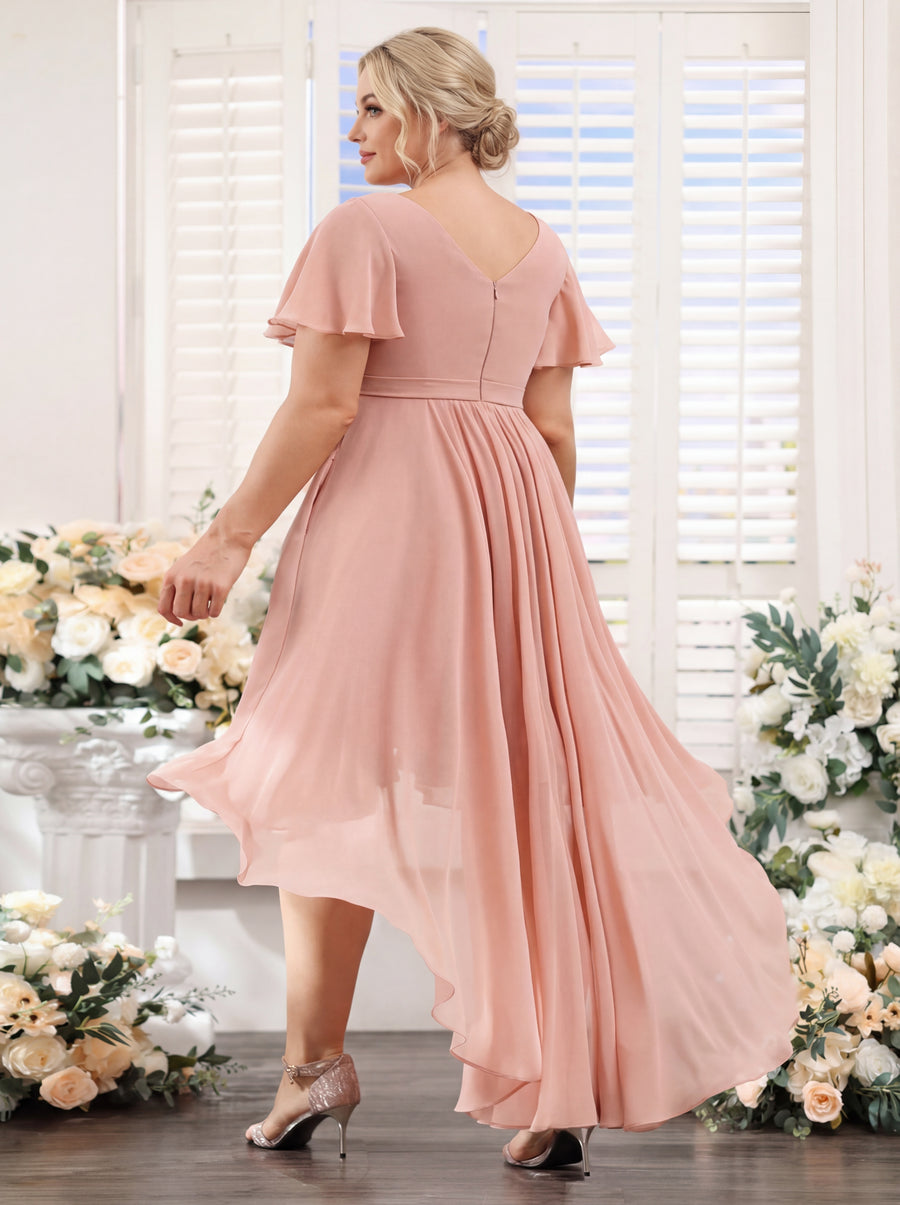 A-Line V-Neck Short Sleeves Ruched Asymmetrical Chiffon Plus Size Bridesmaid Dresses