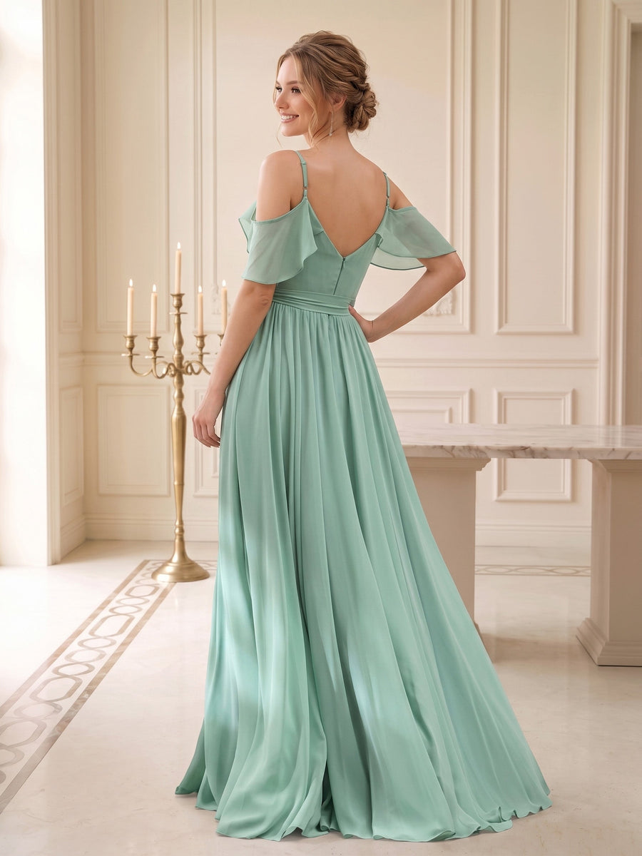 A-Line V-Neck Spaghetti Straps Chiffon Wedding Guest Dresses with Pockets
