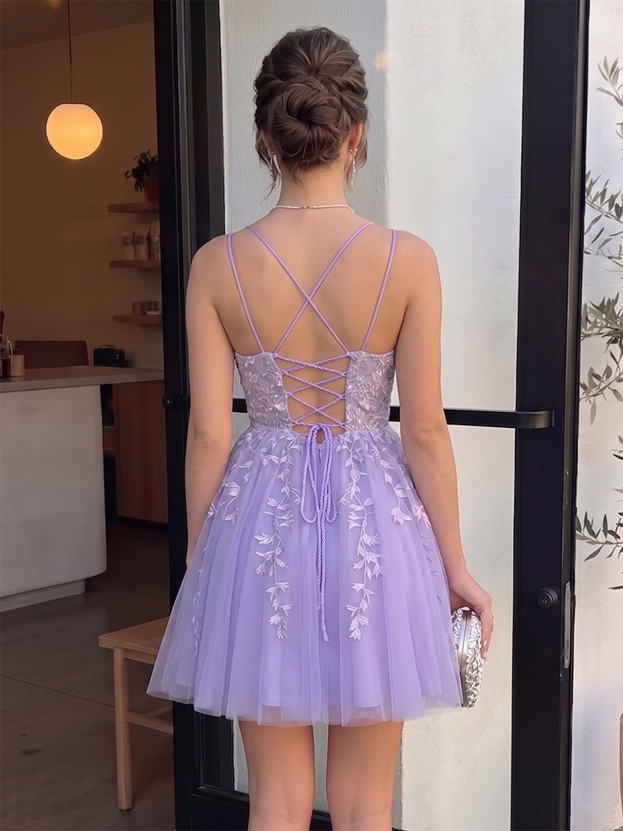 A-Line/Princess Spaghetti Straps Sleeveless Short/Mini Semi Formal Dresses with Appliques