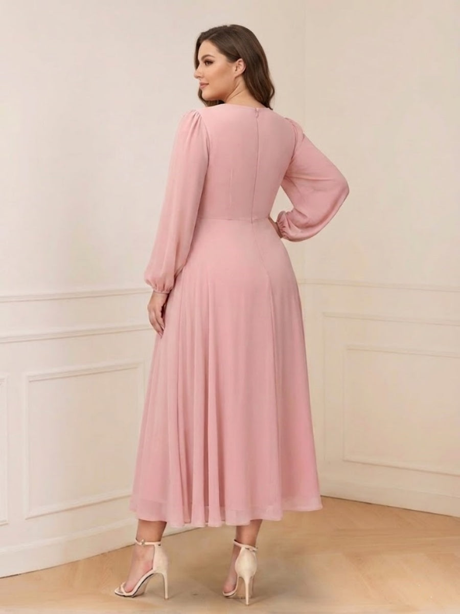 A-Line/Princess V-Neck Long Sleeves Chiffon Tea-Length Ruffles Plus Size Mother of the Bride Dresses with Pockets