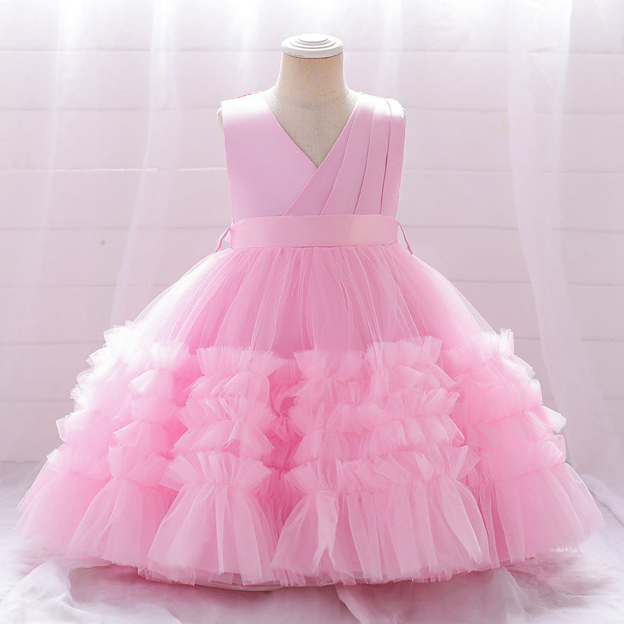 Ball Gown V-Neck Sleeveless Knee-Length Ruched Christmas Dresses for Girls with Belt