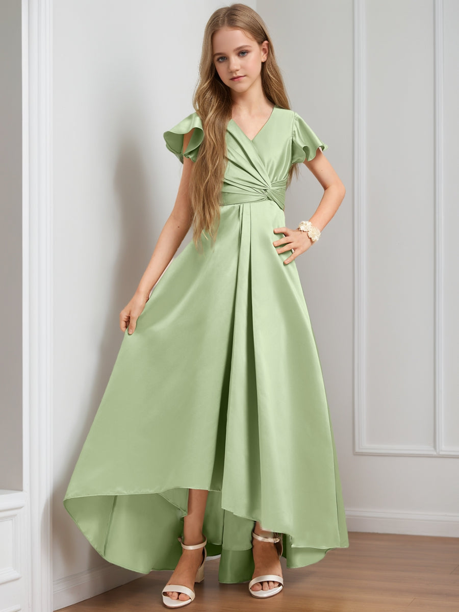 A-Line/Princess V-Neck Short Sleeves Ruffles Junior Bridesmaid Dresses   Lavetir UK