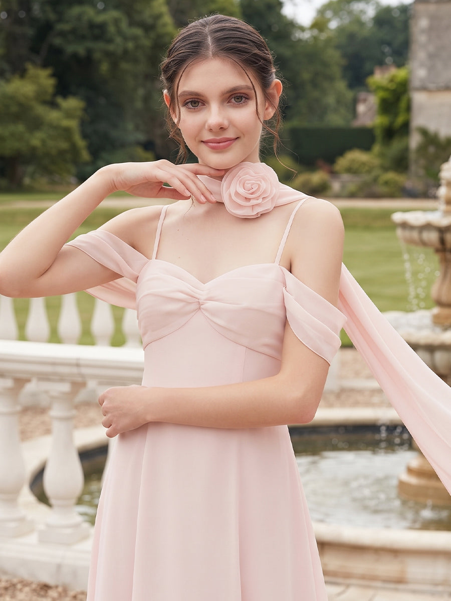 A-Line/Princess Cold Neck Sleeveless Chiffon Floor-Length Junior Bridesmaid Dresses with 3D Flower